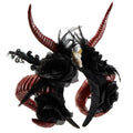 Gothic dark devil antelope horn headband with glossy ridged red and black devil horn skull, layered fabric roses, and feathers
