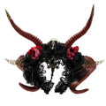 Gothic dark devil headband with glossy burgundy devil horn skulls, black lace, and red black fabric flowers with cameo