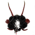Elegant black lace gothic dark devil headband with glossy red devil horn skull, black roses, and gothic pendant