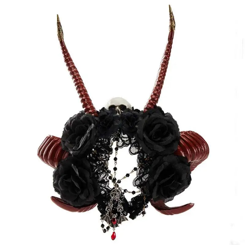 Elegant black lace gothic dark devil headband with glossy red devil horn skull, black roses, and gothic pendant