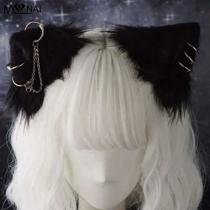 Black faux fur gothic handmade animal ears cat ear hairpin with silver metal rings and chains accessory