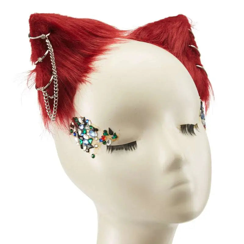 Red faux fur cat ear hairpin with silver chains and colorful gemstones gothic handmade animal ears accessory