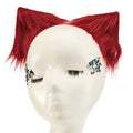 Red faux fur gothic handmade animal ears cat ear hairpin adorned with colorful rhinestones and false eyelashes