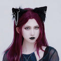 Black cat ear hairpin featuring gothic handmade animal ears with faux fur and silver chain details