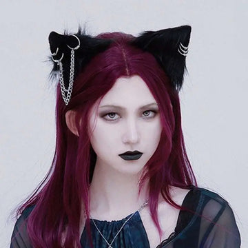 Black cat ear hairpin featuring gothic handmade animal ears with faux fur and silver chain details