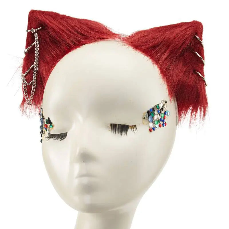 Gothic handmade animal ears red faux fur cat ear hairpin with silver chains and colorful gemstone embellishments