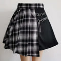 Gothic pleated short skirt in black and white plaid with black leather straps and silver metal hardware buckles