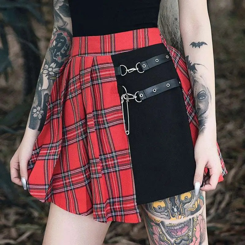 Gothic pleated short skirt in red and black plaid with a black panel featuring leather straps and metal hardware