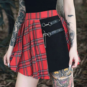 Gothic pleated short skirt in red and black plaid with a black panel featuring leather straps and metal hardware