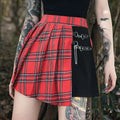 Gothic pleated short skirt in red and black plaid with black panel metal hardware and leather straps detailing