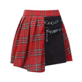 Gothic pleated short skirt in red and black plaid with solid black panel, metal hardware, and leather straps