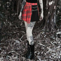 Red and black gothic pleated short skirt with leather straps and metal hardware belt detail in plaid pattern