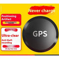 Black circular gps car tracker with silver gps lettering featuring dual microphone recording for vehicle tracking