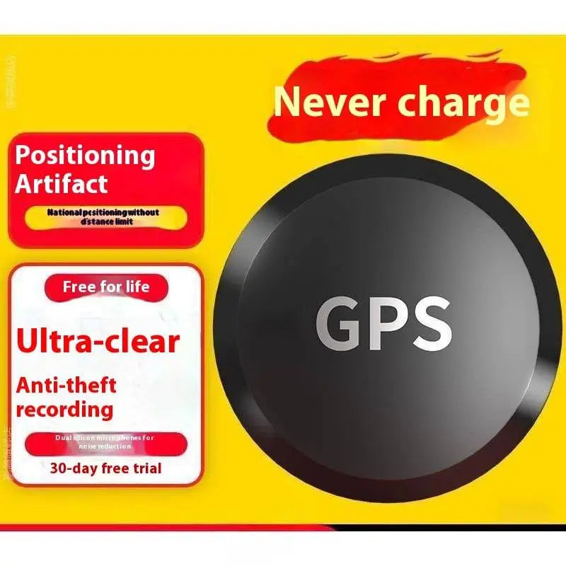 Black circular gps car tracker with silver gps lettering featuring dual microphone recording for vehicle tracking