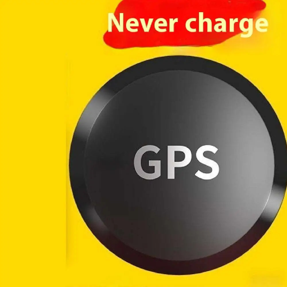 Black circular gps car tracker with sleek glossy finish and silver gps lettering featuring dual microphone recording