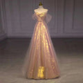 Shimmering blush pink off-the-shoulder ball gown with gold sequins and tulle skirt for gradient mesh slimming annual party banquet mermaid style