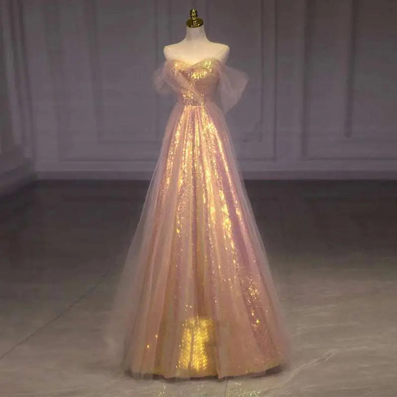 Shimmering blush pink off-the-shoulder ball gown with gold sequins and tulle skirt for gradient mesh slimming annual party banquet mermaid style