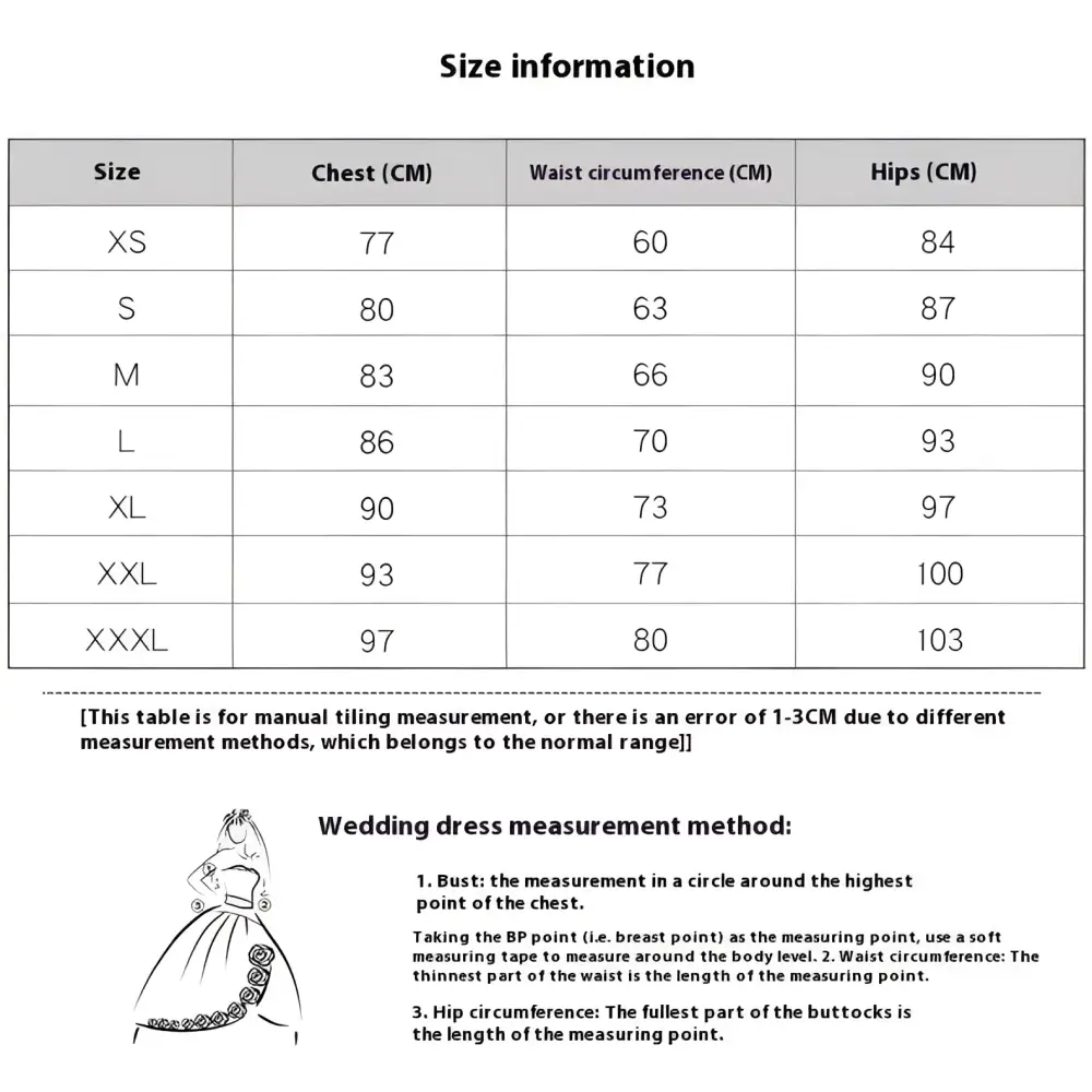 Size information chart for gradient mesh slimming annual party banquet mermaid dress showing measurements in centimeters xs to xxxl