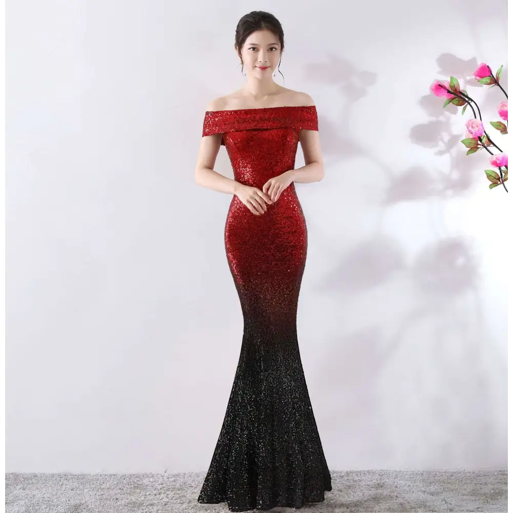 A shimmering red to black gradient sequined off the shoulder birthday party dress slimming host gown
