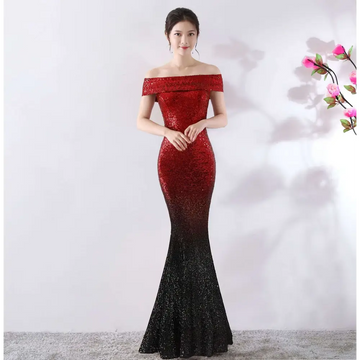 A shimmering red to black gradient sequined off the shoulder birthday party dress slimming host gown
