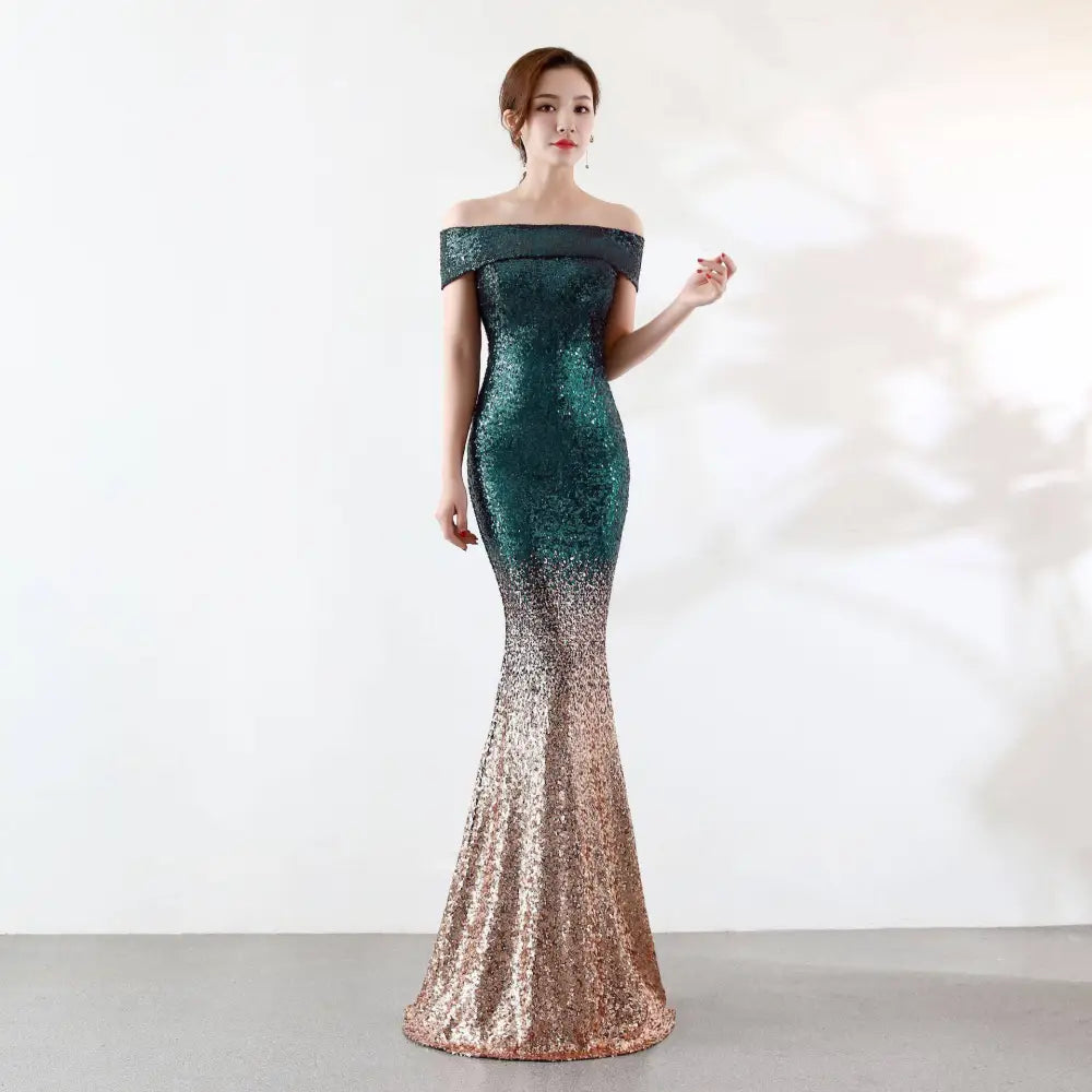 A shimmering emerald to gold gradient sequined birthday party dress with off the shoulder neckline slimming host gown
