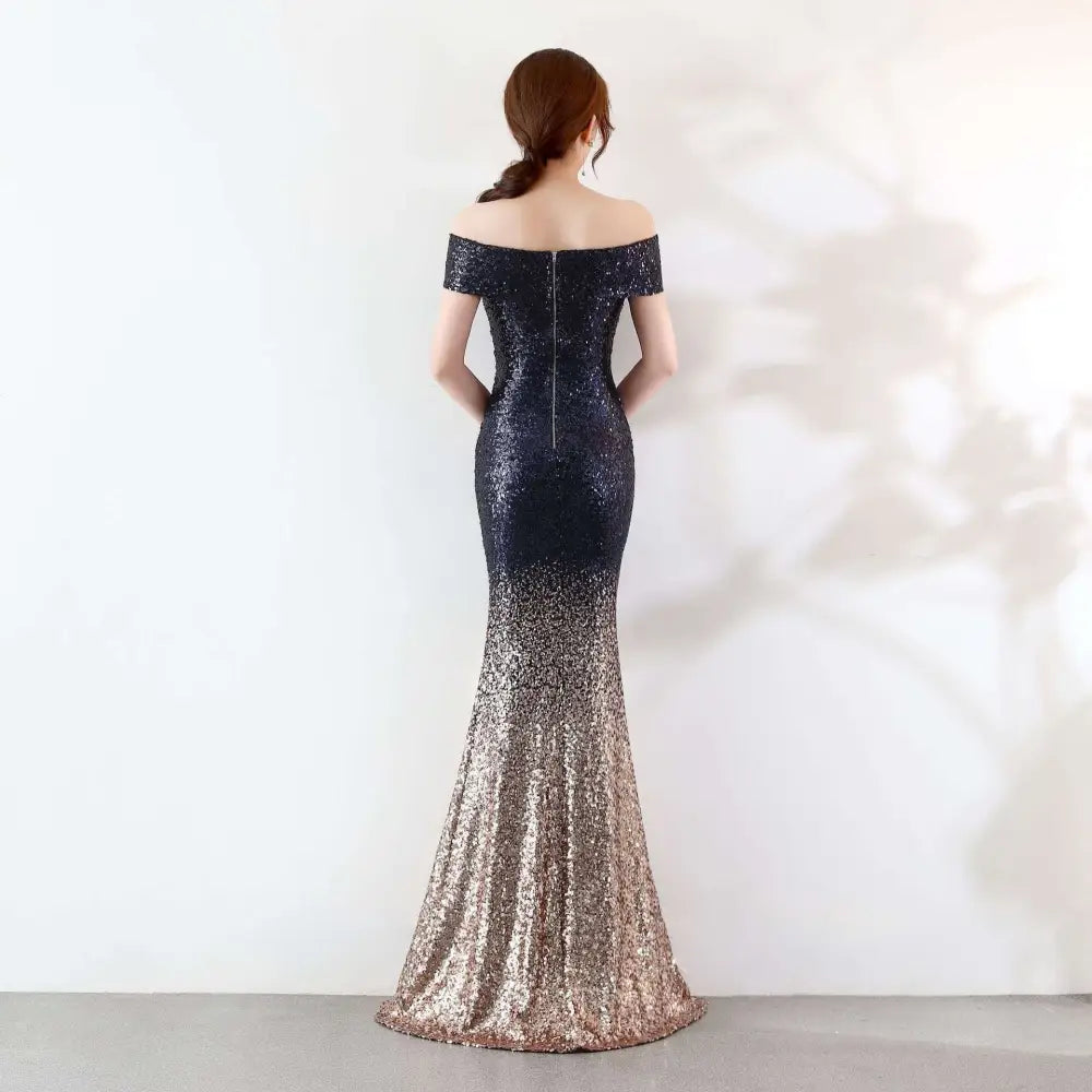 A shimmering red to black gradient sequined off the shoulder birthday party dress slimming host gown
