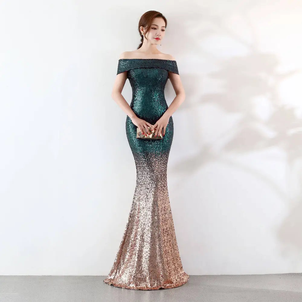 A shimmering mermaid-style gradient sequined birthday party dress in deep teal to rose gold with off-the-shoulder neckline slimming host gown