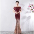 A gradient sequined birthday party dress in deep red to rose gold shimmer, a slimming host gown with mermaid style