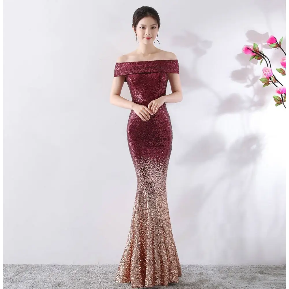 A gradient sequined birthday party dress in deep red to rose gold shimmer, a slimming host gown with mermaid style