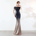 A shimmering off-the-shoulder gradient sequined birthday party dress in dark navy to rose gold for slimming host gown