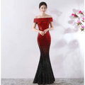 A shimmering red-to-black gradient sequined birthday party dress slimming host gown with off-the-shoulder design