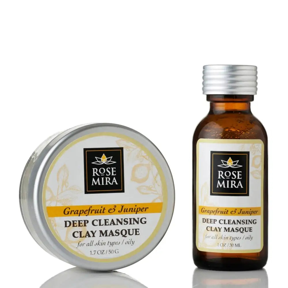 Rose mira grapefruit and juniper deep cleansing masque in silver tin and amber bottle with white labels for skincare