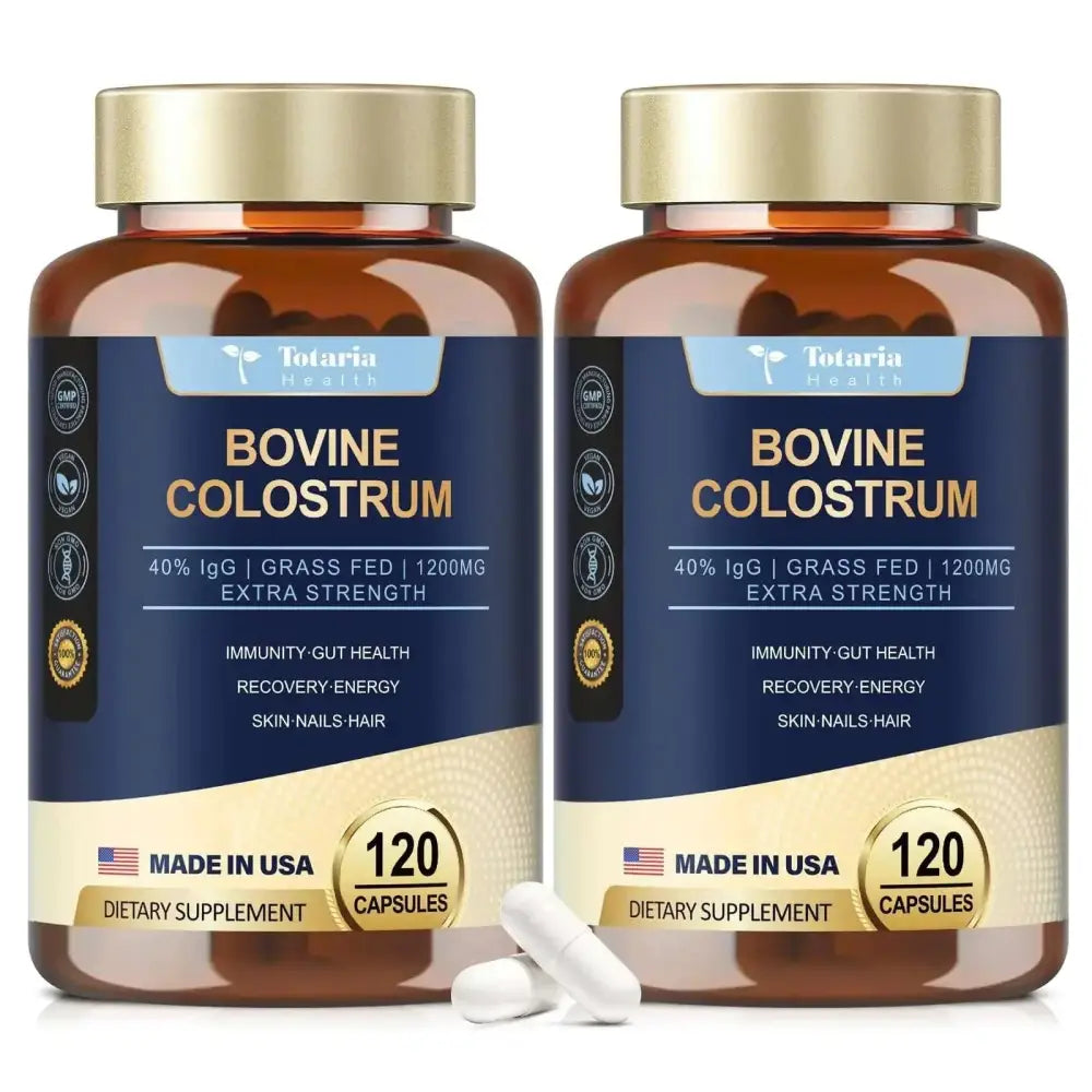 Two amber glass bottles of totaria health grass-fed bovine colostrum capsules contain 240 capsules to support immune health