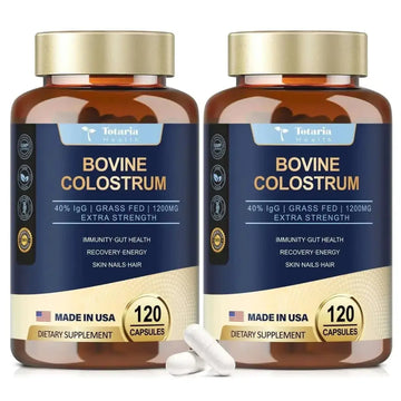 Two amber glass bottles of totaria health grass-fed bovine colostrum capsules support immune health 240 count