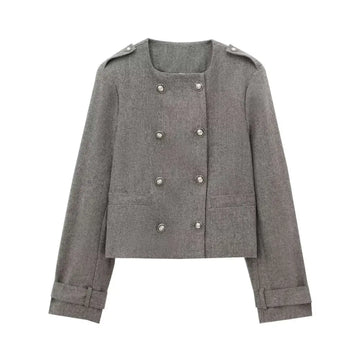 Gray double breasted coat with silver buttons and textured fabric paired with blended coat width pleated skirt