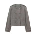 Gray double breasted coat with silver buttons textured fabric paired with blended coat width pleated skirt