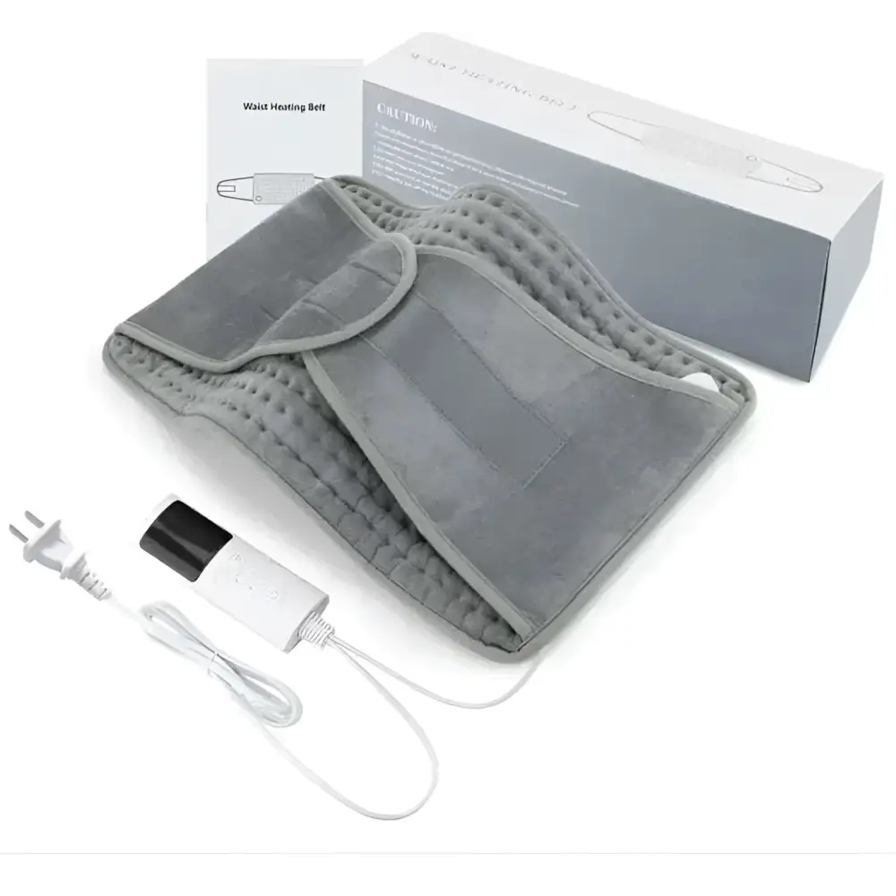 Gray electric heating pad belt with a textured quilted surface and attached power cord featuring an orange panel