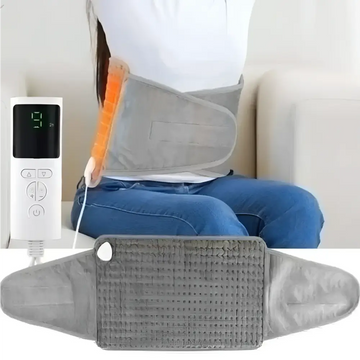 Gray electric heating pad belt with textured grid surface and orange heating panel designed for back support