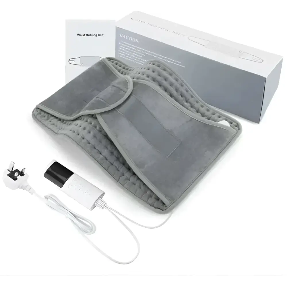 Gray electric heating pad belt with orange panel featuring gray fabric waist belt and white power unit with cord