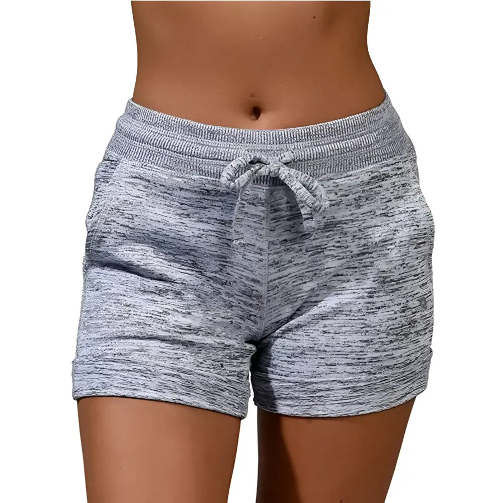Gray heathered women shorts made of stretch sports fabric with a gray marled knit and drawstring waistband