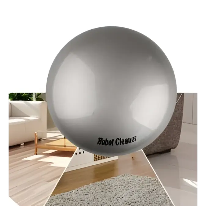 Gray intelligent automatic sweeping machine mini robot with silver metallic spherical design and robot cleaner text