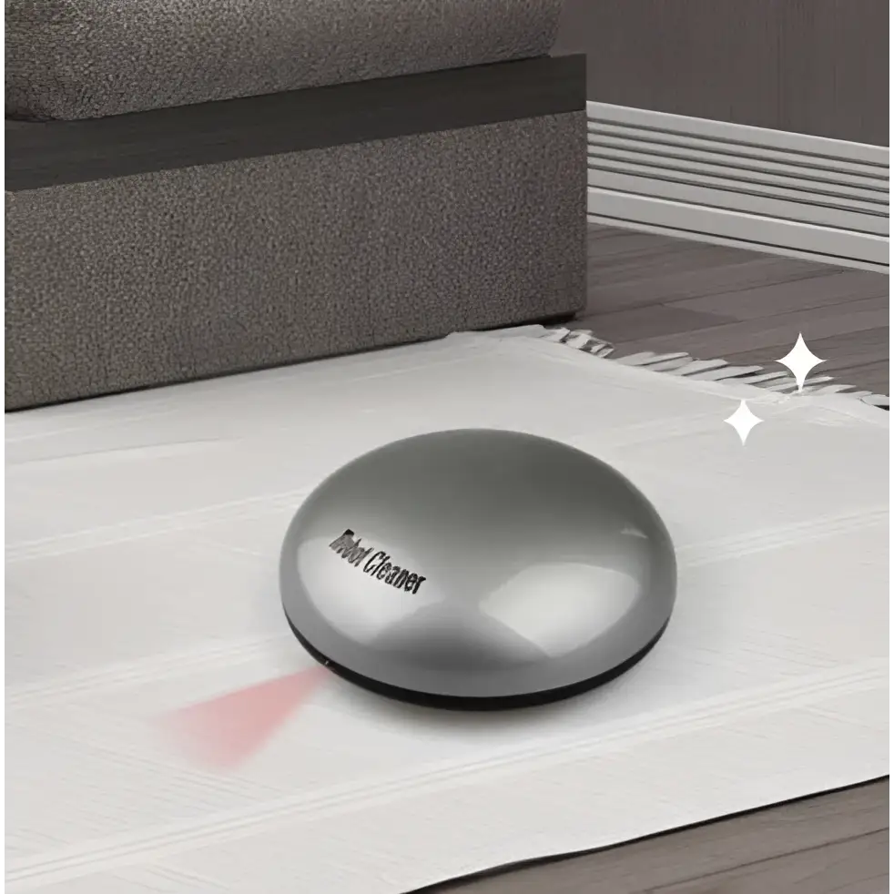 Gray intelligent automatic sweeping machine mini robot vacuum cleaner with silver dome and robot cleaner branding