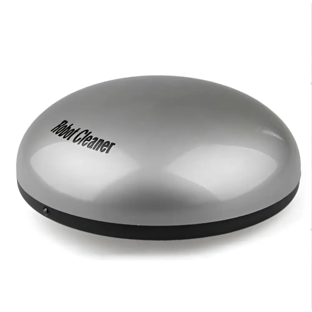Gray intelligent automatic sweeping machine mini robot with silver dome shape, sleek metallic finish, and black base