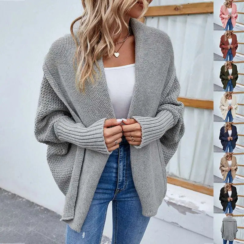 Gray loose knitted sweater solid color cardigan with ribbed cuffs and a cozy open-front design
