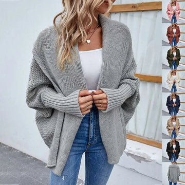 Gray loose knitted sweater solid color cardigan with ribbed cuffs and a cozy open-front design