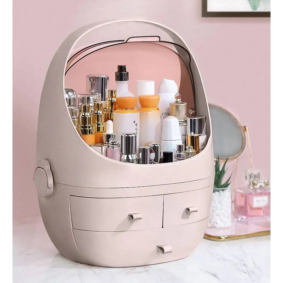 Beige plastic makeup organizer with handle and two drawers featuring waterproof dust proof transparent dome lid