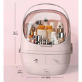 Gray sleek plastic makeup organizer with waterproof dust proof transparent dome lid and two drawers in pastel pink