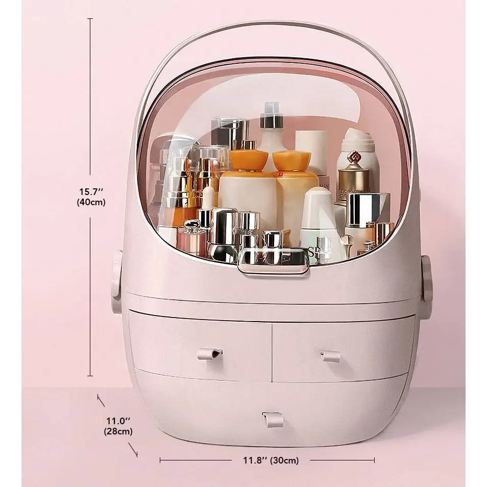 Gray sleek plastic makeup organizer with waterproof dust proof transparent dome lid and two drawers in pastel pink