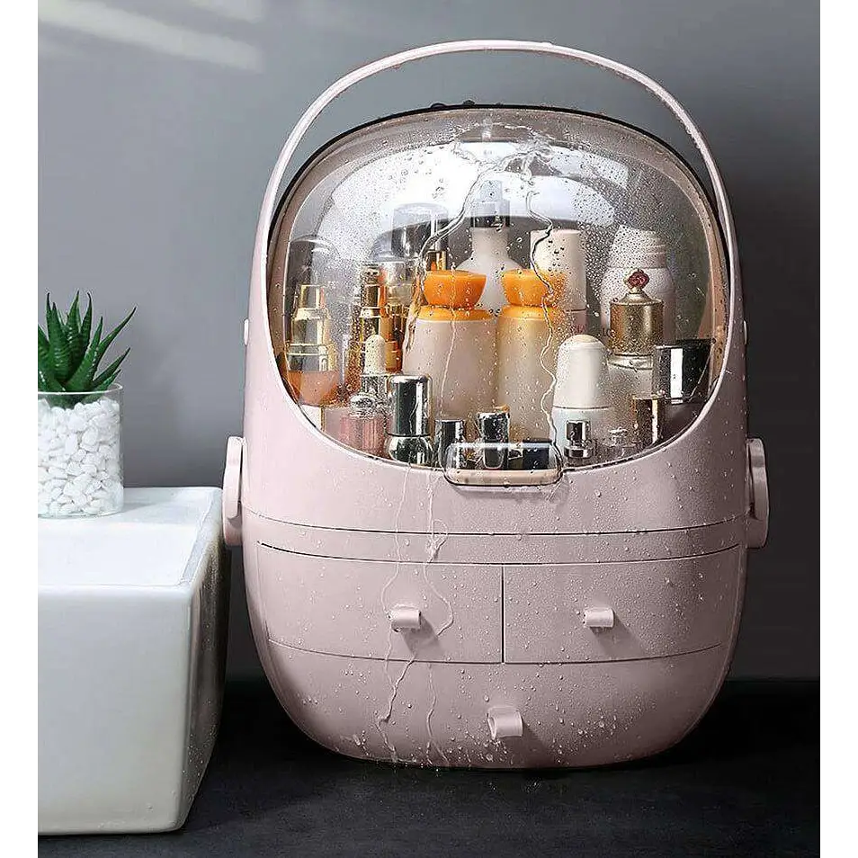 Pink rounded makeup organizer with waterproof dust proof transparent dome lid and multiple drawers for cosmetics storage