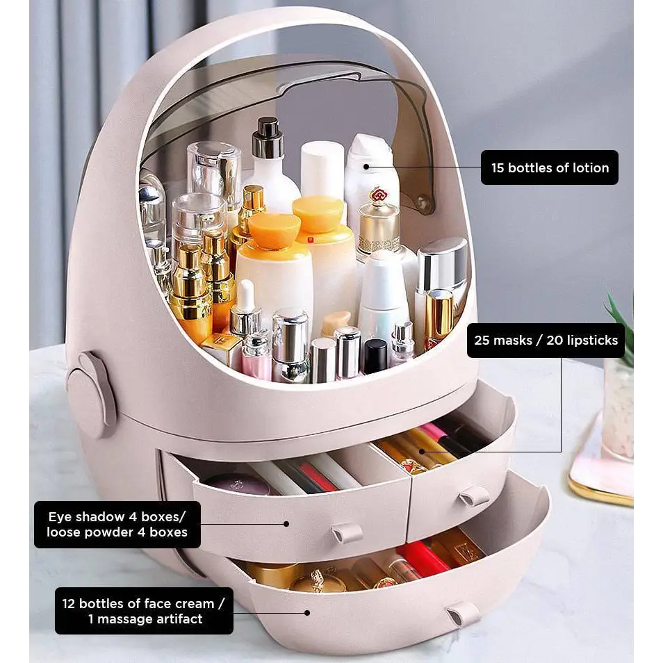 Beige two-tiered makeup organizer with waterproof dust proof transparent dome lid and pull-out drawers for storage